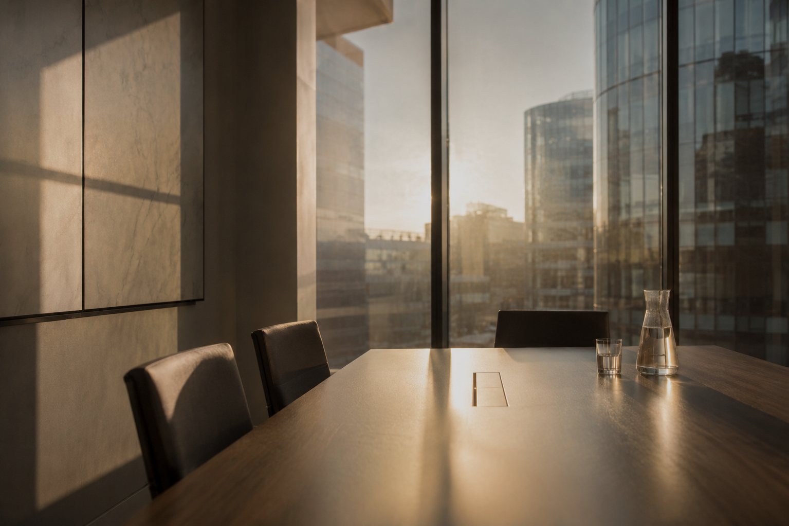 A quiet London boardroom at sunset, looking out over the City